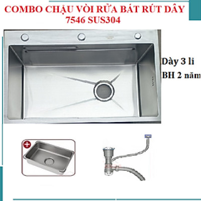Chậu rửa bát 1 hố sus304 7546 Valenza dày 3li kèm vòi rửa bát rút dây nóng lạnh 01, bộ xả, khay inox, bình nước rửa chén, dụng cụ rửa ly cốc