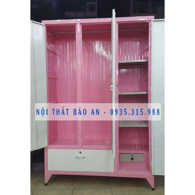 Tủ sắt quần áo 3 cửa ngang 1m2 cao 1m8 sơn tĩnh điện - MÀU HỒNG