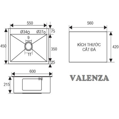 Combo chậu rửa bát 1 hố inox sus304 Valenza 6045, vòi rửa bát dây rút 02, xả chậu, rổ, bình xà phòng