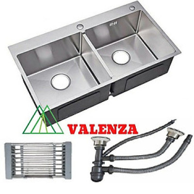 Chậu rửa chén bát inox Valenza 8245 hai hố cân kèm rá inox đa năng, bộ xiphong xả chậu