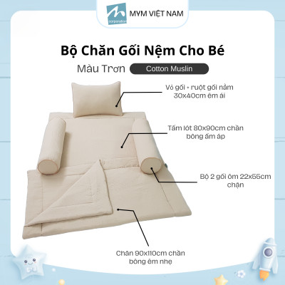 Bộ chăn gối cho bé MYM vải xô Muslin cao cấp thoáng mát thấm hút tốt an toàn cho làn da của bé