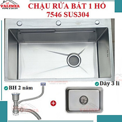 Chậu rửa chén bát 1 hố 7546 Valenza sus 304 dày 3li kèm khay inox, bộ xả to thoát nhanh ngăn mùi, rổ lỗ inox