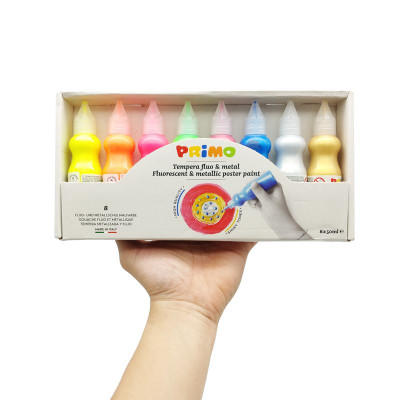 Bộ 8 Chai Màu Poster Paint Chất Lượng Cao 75ml (4 Màu Dạ Quang, 4 Màu Kim Loại) PRIMO 2532FM8