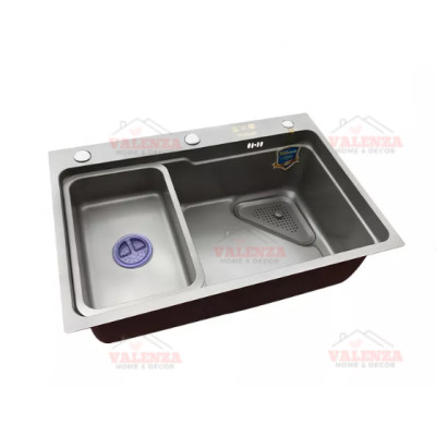 Chậu rửa bát 1 hố Valenza 6845 inox 304 nano xám dày 3li kèm khay inox, bộ xả to ngăn mùi, rổ inox lỗ-Hàng đẹp