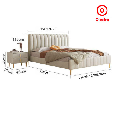 [Miễn phí lắp đặt và vận chuyển] Giường ngủ bọc nỉ cỡ lớn kết hợp gỗ cao cấp chống ẩm Có Tab / Không Tab đầu giường Ohaha - GN026