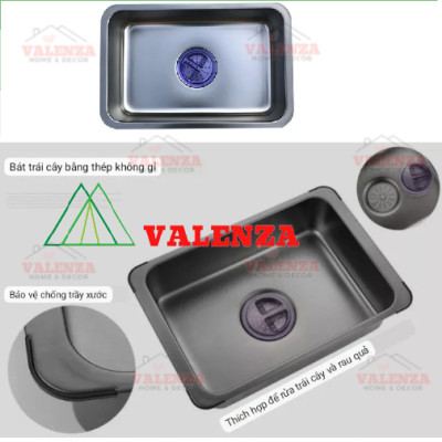 Chậu rửa bát 1 hố 6845 Valenza inox 304 nano đen dày 3li kèm khay đựng, bộ xả, rổ lnox lỗ-Hàng đẹp