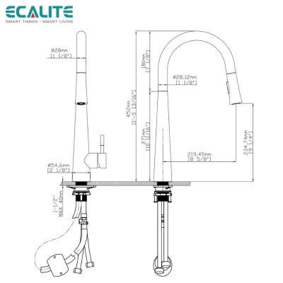 Vòi Rửa Chén Nóng Lạnh Pull-down Ecalite EF-K149B - Có Dây Rút - Điều Chỉnh Tia Nước - Đồng Thau Sơn Đen - Hàng Chính Hãng