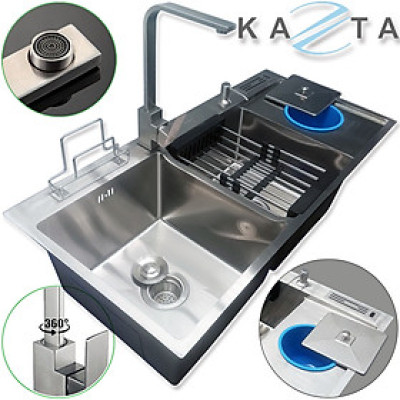 Combo Chậu Kèm Vòi Rửa Chén Bát Inox Kazta CB10048H - Chậu có hố rác đủ xi phông, vòi thân vuông, khay cài dao thớt, vòi hút xà phòng, rổ rút gác chậu