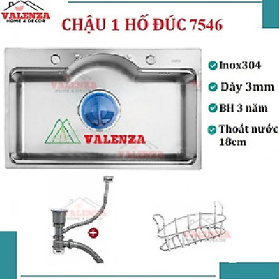 Chậu rửa bát inox304 bán nguyệt ĐÚC dày 5li chống xước 7546 Valenza kiểu dáng Hàn Quốc kèm khay inox, rổ lỗ, bộ xả 18cm-Hàng chính hãng
