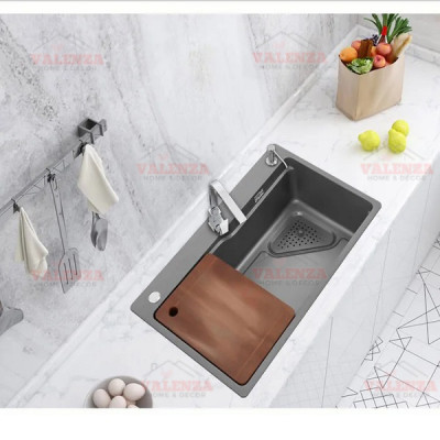 Chậu rửa bát 1 hố Valenza 6845 inox 304 nano xám dày 3li kèm khay inox, bộ xả to ngăn mùi, rổ inox lỗ-Hàng đẹp