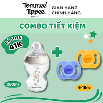 COMBO Ty Ngậm Silicon Siêu Nhẹ Tommee Tippee Ultra Light 6-18m & Bình Sữa PP Ty Siêu Mềm Tommee Tippee 260ml, Họa Tiết
