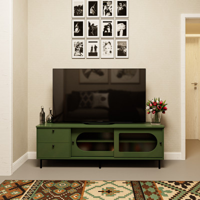 [Happy Home Furniture] SISEEL, Kệ TV 2 cánh lùa 2 ngăn kéo - chân sắt, 160cm x 40cm x 53cm ( DxRxC), KTV_053