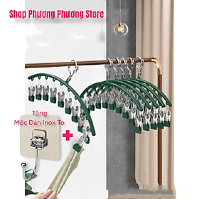 Combo Móc phơi quần áo inox có khóa móc treo chắc chắn - 10 kẹp được phủ nhựa chống sầy xước khi phơi đồ ( tặng móc dán inox to ) Hàng Cao Cấp