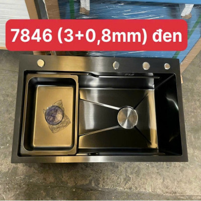Chậu rửa bát inox304 chống xước 7845 nano đen, vòi Vuông nóng lạnh, bộ xả, khay inox, dụng cụ xịt ly cốc, bình rửa bát