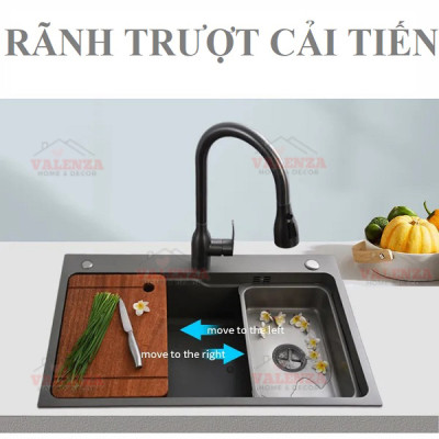 Chậu rửa bát 1 hố Valenza 6845 inox 304 nano xám dày 3li kèm khay inox, bộ xả to ngăn mùi, rổ inox lỗ-Hàng đẹp