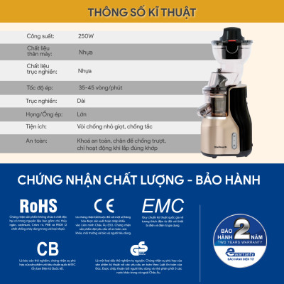 [Trả Góp 0%] Máy Ép Chậm BlueStone SJB-6568 - 250W - Tốc độ ép 45 - 55 vòng/phút - Bảo hành 2 năm - Hàng chính hãng