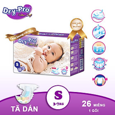 Tã/bỉm dán Dry-Pro siêu mềm nhập khẩu Malaysia size S (3kg - 7kg) - Gói 26 miếng