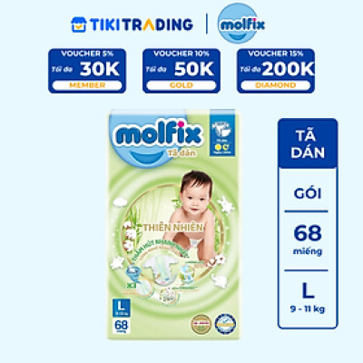 Tã/bỉm dán Molfix Thiên nhiên Super Jumbo L (9kg - 13kg) - Gói 68 miếng