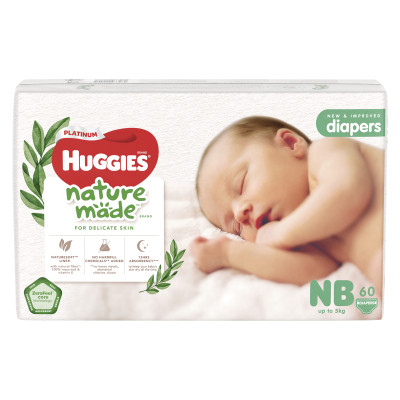 Tã/Bỉm dán sơ sinh Huggies Platinum NatureMade - Gói Super Jumbo S82/ NB60 - Hàng chính hãng
