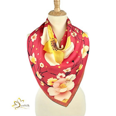 Khăn in Lụa 100% Tơ Tằm SenSilk Hoa Đào - Quà Tặng Doanh Nghiệp Tinh Tế - Square Silk Scarf Printed - Khăn Lụa Tơ Tằm Thuần Việt