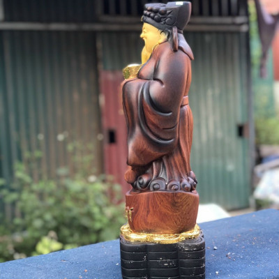 Tượng phật ông thần tài trạm khắc bằng gỗ hương đá tô làm mầu giả cổ kt cao 50×18×15cm