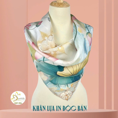Khăn Lụa in Độc Bản Sen Mặt Trời 65x65cm - Mulberry Silk Gift - Square Towel 65x65 - Quà Tặng Lụa Cao Cấp