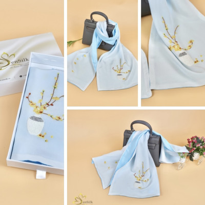 Khăn Lụa Cao Cấp 2 Màu Thêu Hoa Mai – Quà Tặng Phú Quý, Khăn Thêu Tay, Khăn Thêu Thủ Công