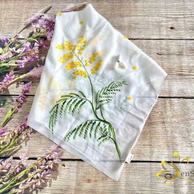 Khăn Lụa Handmade Vẽ Hoa Mimosa SenSilk – Quà Kỷ Niệm Tình Yêu, Khăn Vuông Thời Trang 75*75