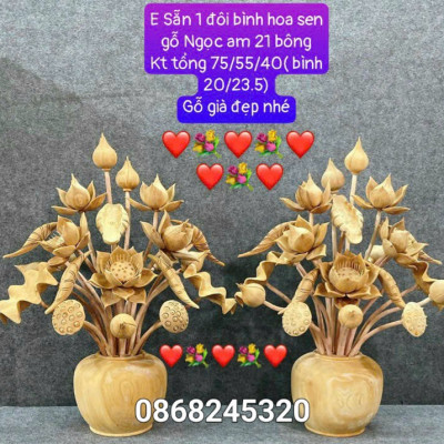1 bình hoa sen 21 cành phong thủy trang trí ,phòng khách phòng thờ bằng gỗ ngọc am thơm nức ,