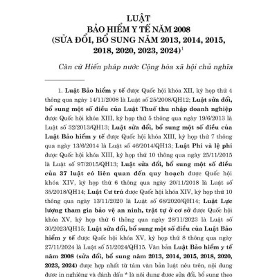 Luật Bảo hiểm y tế năm 2008 (sửa đổi, bổ sung năm 2013, 2014, 2015, 2018, 2020, 2023, 2024)