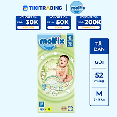 Tã/bỉm dán Molfix Thiên nhiên Jumbo M (6kg - 11kg) - Gói 46+6 miếng