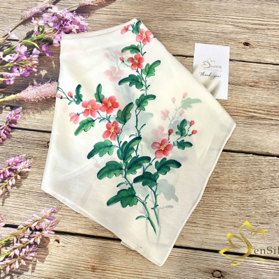 Khăn Vuông Lụa Tơ Tằm Vẽ Tay Hoa Mugunghwa Hàn Quốc, Quà Tặng Người Nước Ngoài