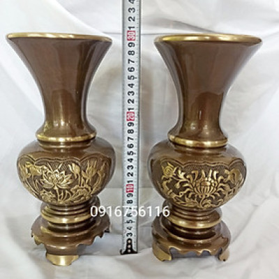 Lọ Hoa Bình Bông Liền Đế 30cm Đồng Vàng Màu Hun Cạo