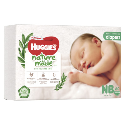 Tã/Bỉm dán sơ sinh Huggies Platinum NatureMade - Gói Super Jumbo S82/ NB60 - Hàng chính hãng