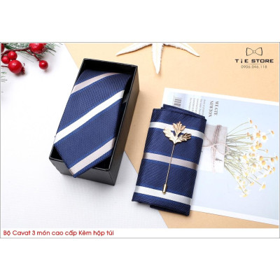 Ca Vat bộ 3 món kèm hộp túi xách cao cấp, quà tặng chú rể, Cavat họa tiết xanh kẻ trắng