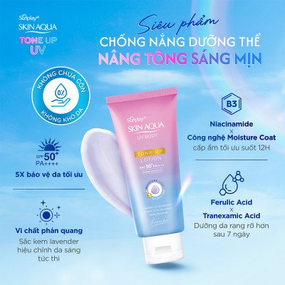 Kem chống nắng nâng tông body Skin Aqua dưỡng thể sáng mịn Sunplay Skin Aqua UV Body Tone up Lavender Lotion SPF 50+ PA++++ 130g