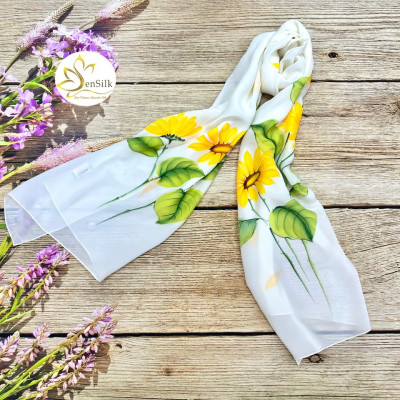 Khăn Lụa Vẽ Tay Hoa Hướng Dương 160x55 SenSilk - Quà Tặng Cô Giáo 20/11, Lụa Tơ Tằm Thuần Việt, Phụ Kiện Thời Trang Nữ Cao Cấp, Vietnam Silk Painting Scarves, Water Marbling Scarf.