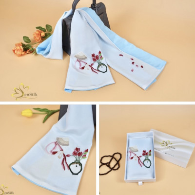 Khăn Lụa Thêu Handmade Cô Gái Nón Lá 2 Màu Sen Silk, 100% Silk Scarf Embroidery, Quà Tặng Thủ Công, Khăn Lụa Đẹp Thêu Tay
