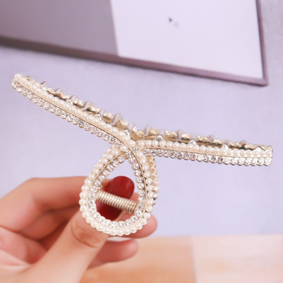 Kẹp tóc kim loại dạng dài ngọc trai đính đá