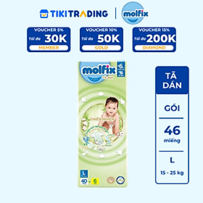 Tã/bỉm dán Molfix Thiên nhiên Jumbo L (9kg - 13kg) - Gói 40+6 miếng
