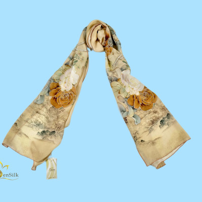 Khăn Lụa Cao Cấp in Kỹ Thuật Số Sen Silk KLDI02 Rose - Printed Silk Scarves - Quà Tặng Khách Nước Ngoài