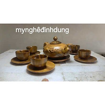 Bộ  ấm chén chim mai bằng  gỗ  bách xanh thơm nức đẹp long lanh 