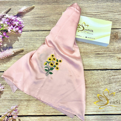 Khăn Lụa Thêu Tay Hoa Hướng Dương 200x55cm, Silk Hand Embroidery made by SenSilk, Lụa Tơ Tằm Cao Cấp Thêu Thủ Công