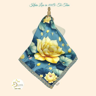 100% Silk Printed Scarf 3D Gold Lotus - Quà Việt Nam Đẳng Cấp - Khăn Lụa Vuông Thời Trang SenSilk 65x65cm