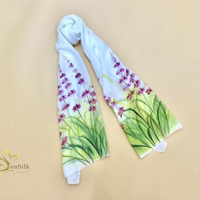 Hand Painted Silk Scarf - Khăn Lụa Cao Cấp Vẽ Tay Hoa Oải Hương SenSilk 160x55cm, Quà Việt Nam Tặng Khách Nước Ngoài