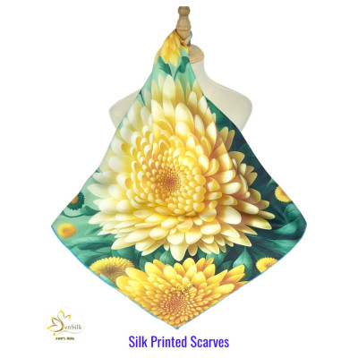 Khăn Lụa Vuông 65x65 in Cúc Vàng - 100% Natural Silk Scarf - Vietnamese Gifts - 3D Printing Design by SenSilk