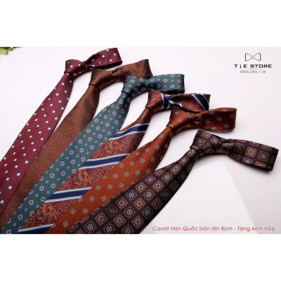 Cavat nam Hàn Quốc cao cấp bản lớn 8cm Nâu hoa văn - Tặng kèm hộp Full box