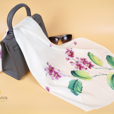 Khăn Lụa Cao Cấp Vẽ Tay Hoa Bằng Lăng – Silk Painting, Khăn Vuông Lụa 75*75cm