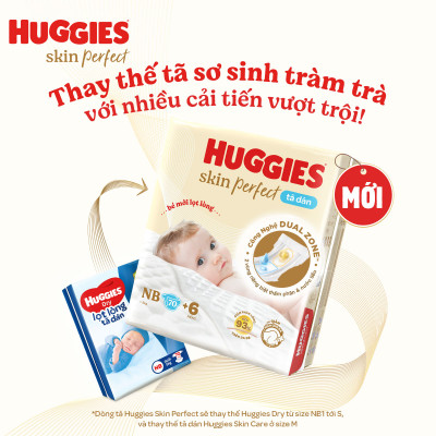 Combo 3 gói Tã/bỉm dán sơ sinh Huggies Skin Perfect S 54+4 miếng với 2 vùng thấm giảm kích ứng da