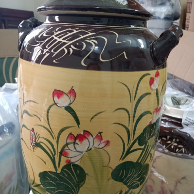 Hũ đựng rượu gạo vẽ sen cá Bát Tràng loại 20L